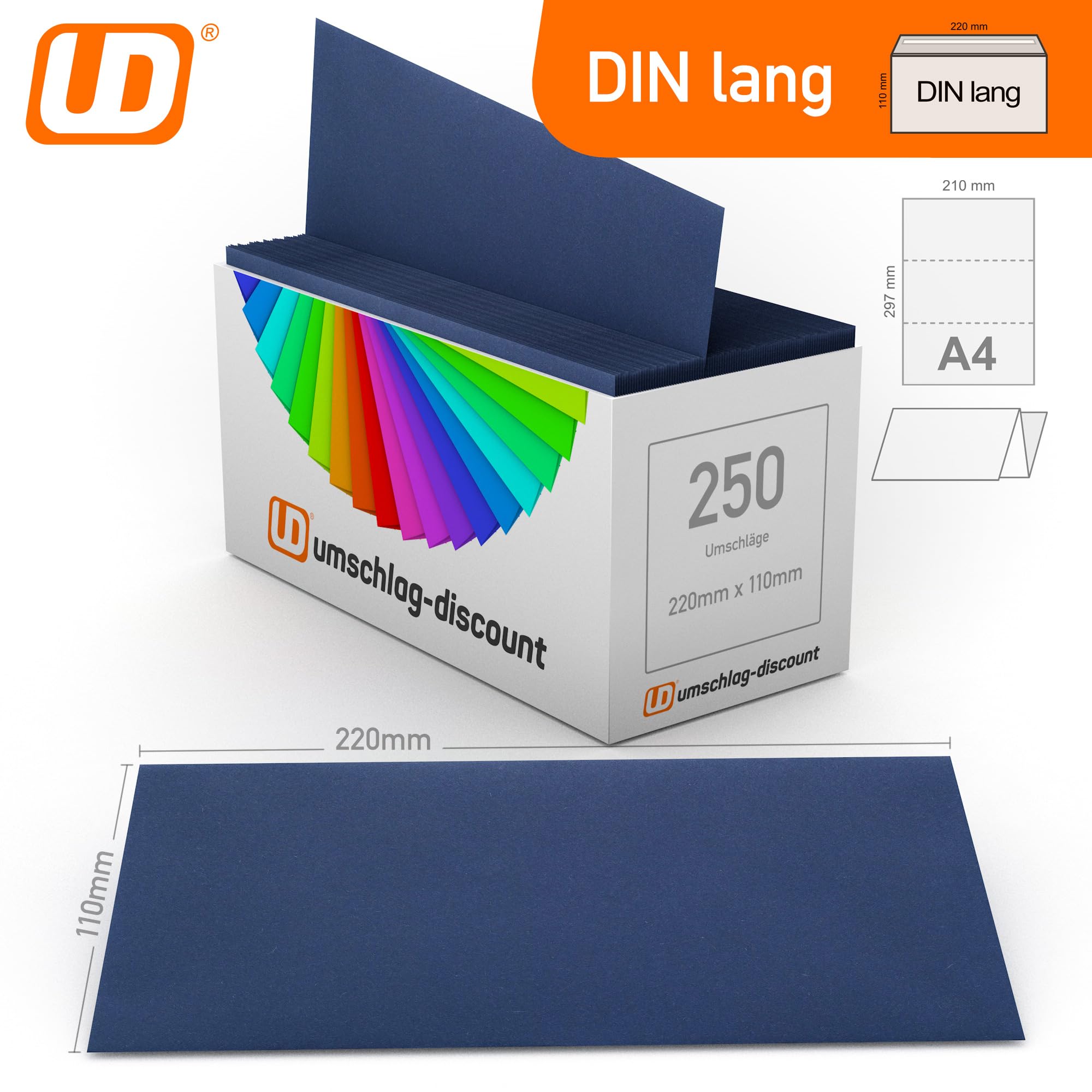 umschlag-Discount - 250 Envelopes DIN Long 220 mm x 110 mm, Azure Blue, Royal Blue, Dark Blue, Peel and Seal - Image 2