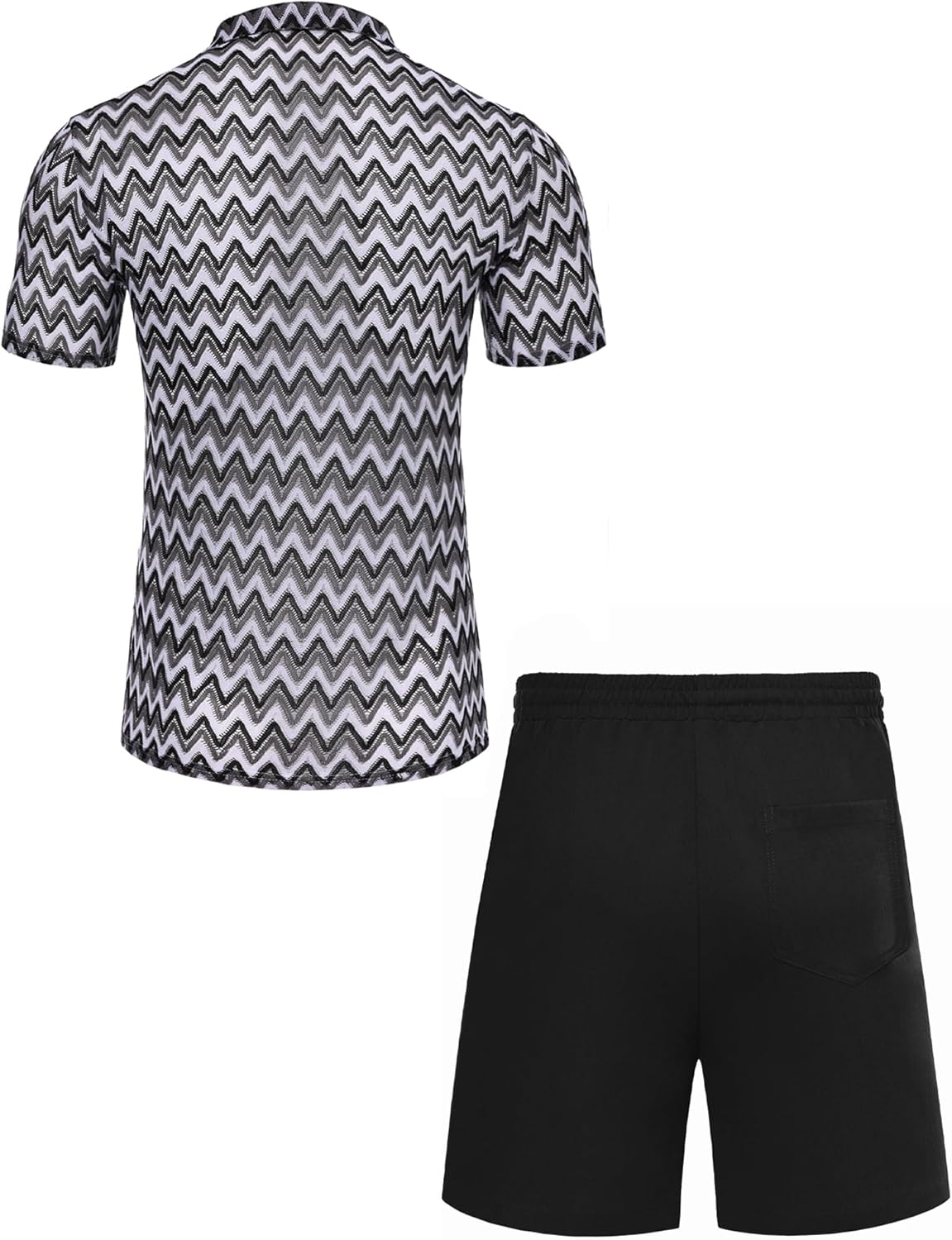 Mens 2 Pieces Outfits Summer Beach Set Tracksuit See Through Sheer Hollow Out Short Sleeve Lace Shirts and Shorts Sets - Image 5