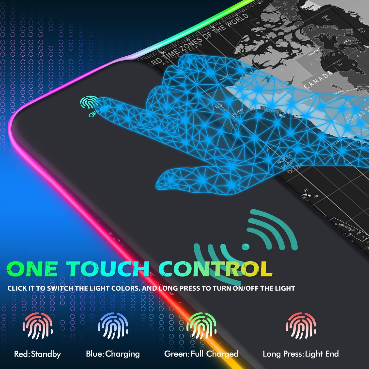 ToLuLu RGB Gaming Wireless Charging Mouse Pad, 5/7.5/10/15W 10 Light Modes LED Mouse Pad Computer Keyboard Mat Mousepad, 800x300x4MM Extended Large Desk Mat for Gaming, MacBook, Laptop, PC,World Map