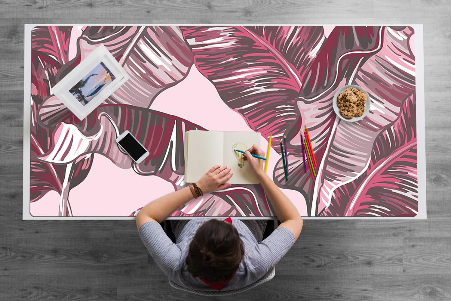 Tappetino da Scrivania 120x60 cm Protezione e Decorazione in Vinile PVC Antiscivolo Impermeabile Facile da Pulire Superficie Protettiva per Ufficio e Casa - Palma rosa