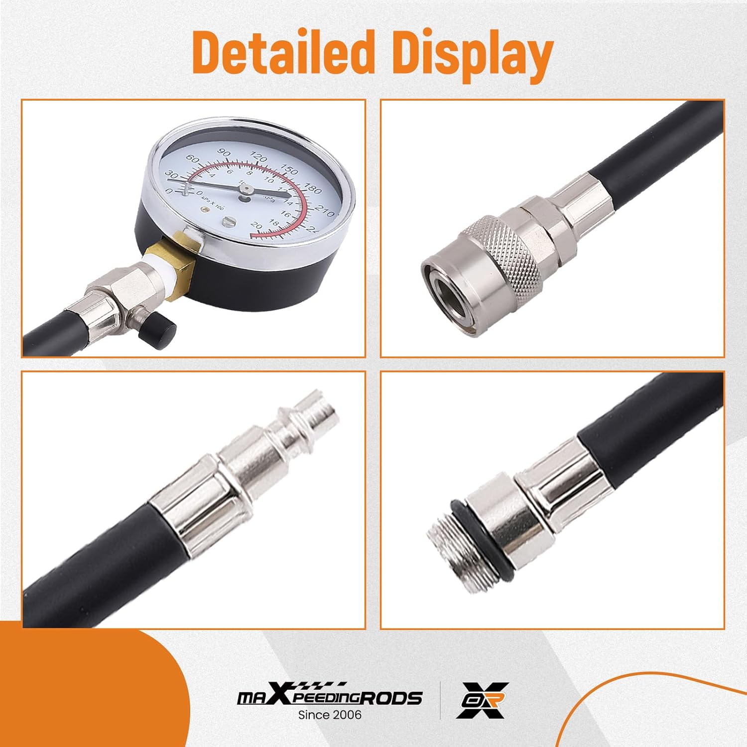 maXpeedingrods Engine Compression Tester Kit, Manual Pressure Release, 2-3/4 in. Bourdon Tube Gauge, Quick-Disconnect Coupler, Threaded Adapters for Motorcycles, Marine and Small Engines