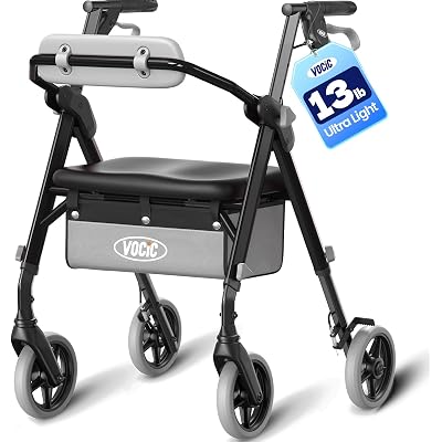 VOCIC Walkers for Seniors, Z12 Rollator Walker with Seat, Ergo Seat & Backrest, Foldable Rollator Adjustable Height, All Terrain Walker, Ultra Light