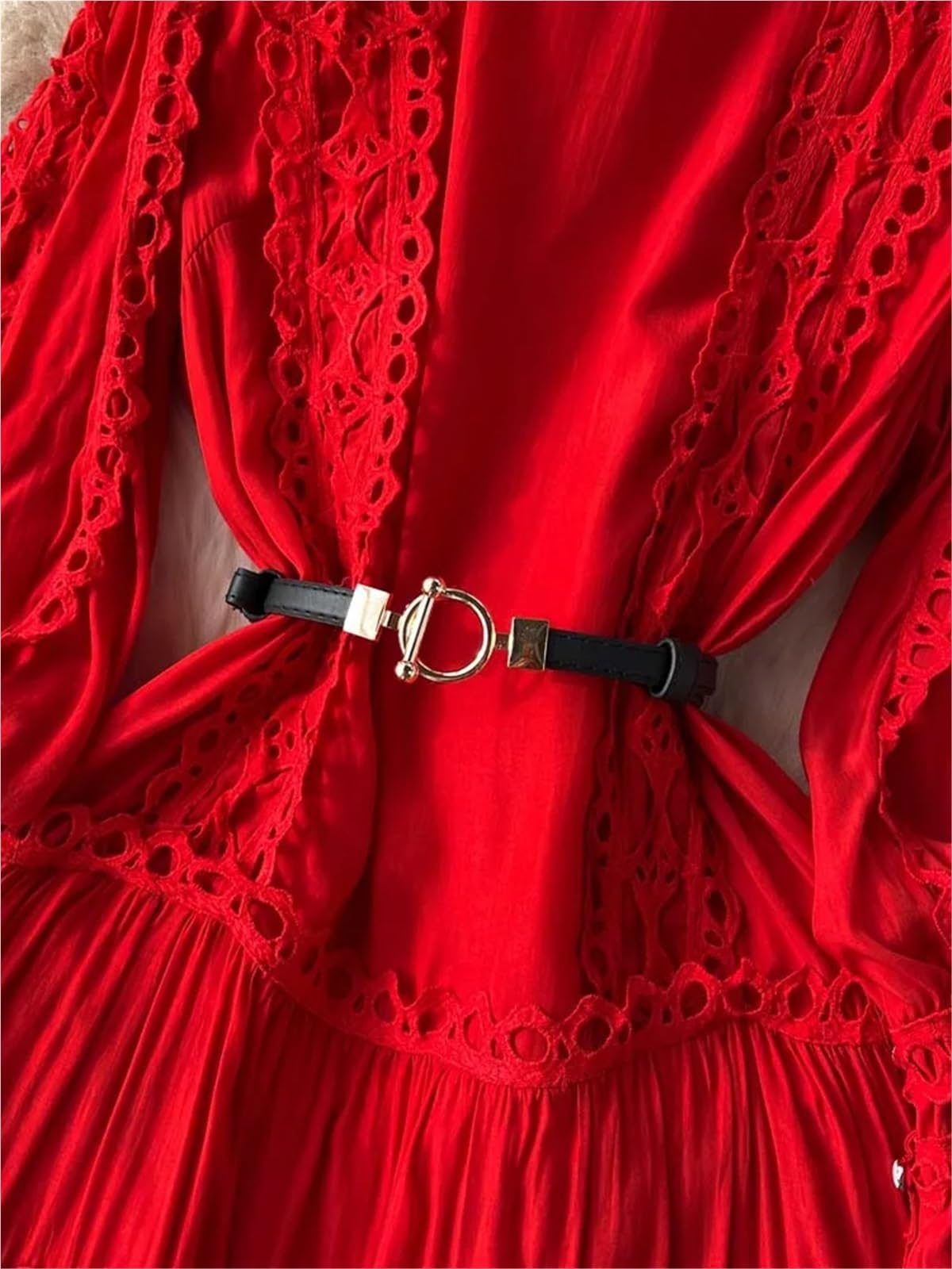 Abito da strega vintage Abito lungo con maniche a sbuffo da donna Abiti svasati patchwork di pizzo cintura Solido