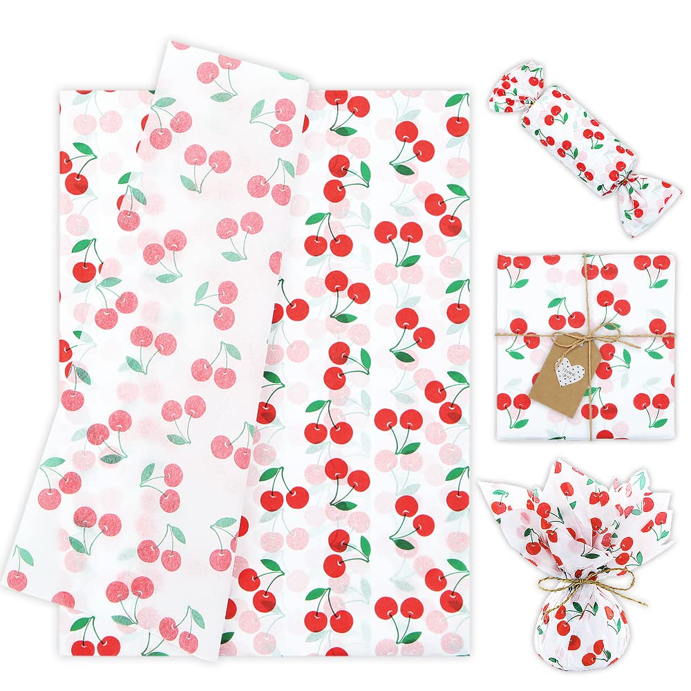 60 Sheet Cherry Tissue Paper for Gift Wrapping, 28 * 20 Inch Cherries Summer Fruit Design Bulk Tissue Paper for Birthday Christmas Gift Packing Party