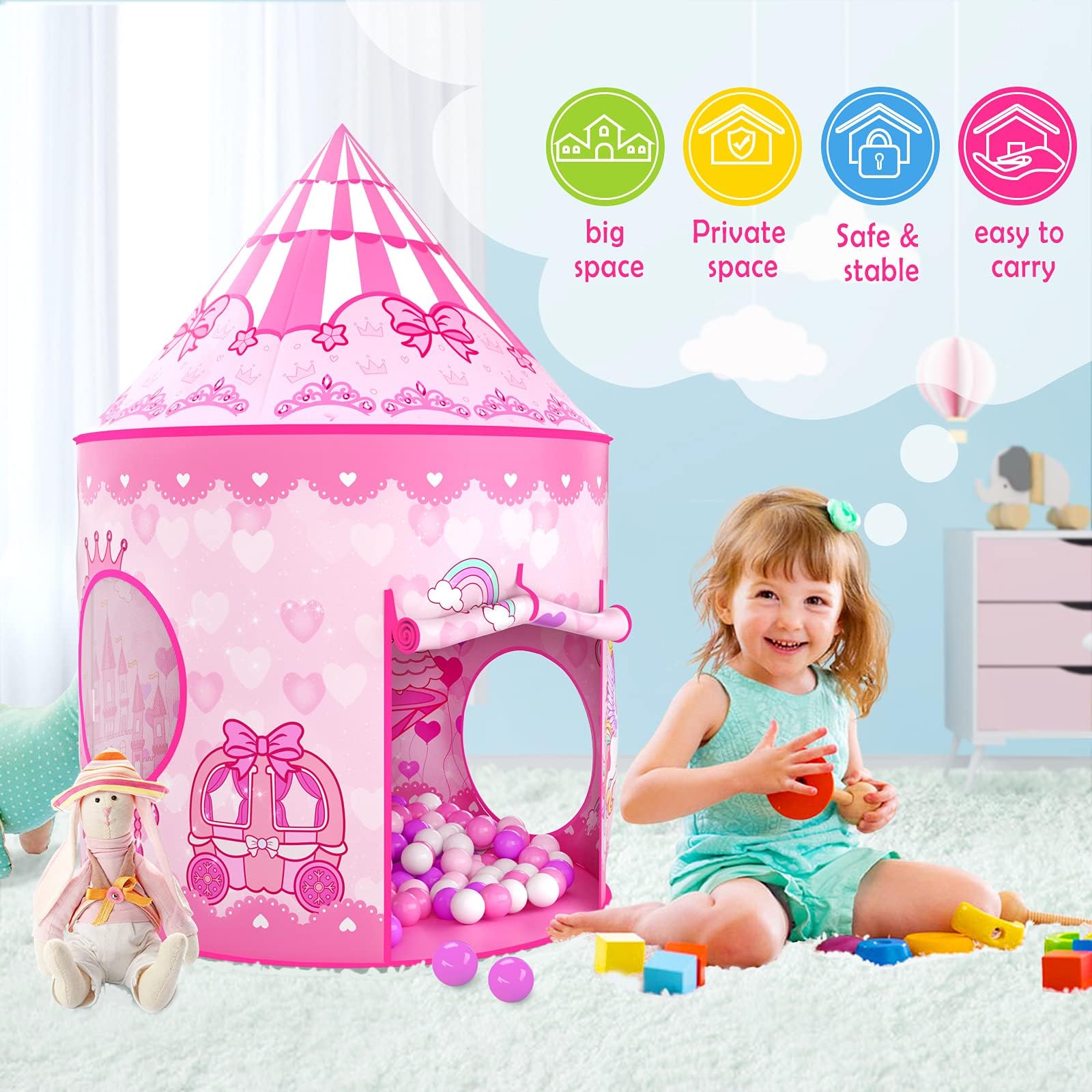 Tente Enfants - Tente de Jeu+Tunnel Enfant+Piscine à balles Pliable 3-en-1 - Grande Aire de Jeux de Jardin pour garçons Filles Bebe - Pop Up Enfant Intérieur Extérieur