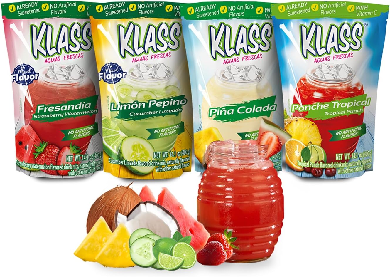 Klass Aguas Frescas | Drink Mix | Variety Pack Of Mixed Flavors | Pina Colada, Cucumber Limeade, Tropical Punch & Strawberry Watermelon | Flavors From Natural Sources, No Artificial Flavors With