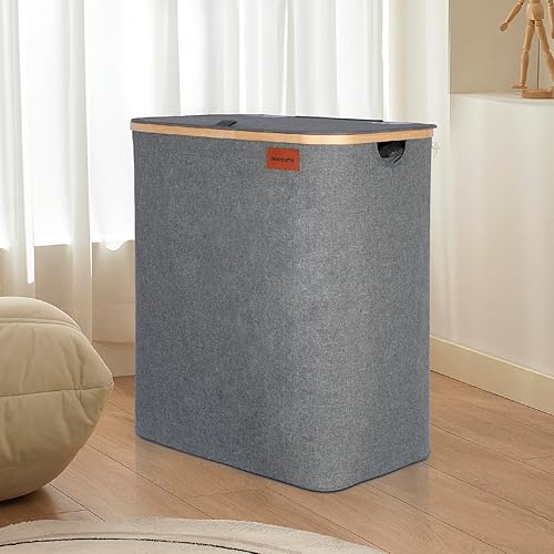 Miniatura 8 de BESHOOME Cesta de lavandería gris con tapa, cesta de lavandería extra grande de 140 L, cesta de lavandería de 2 secciones, cesta de lavandería con