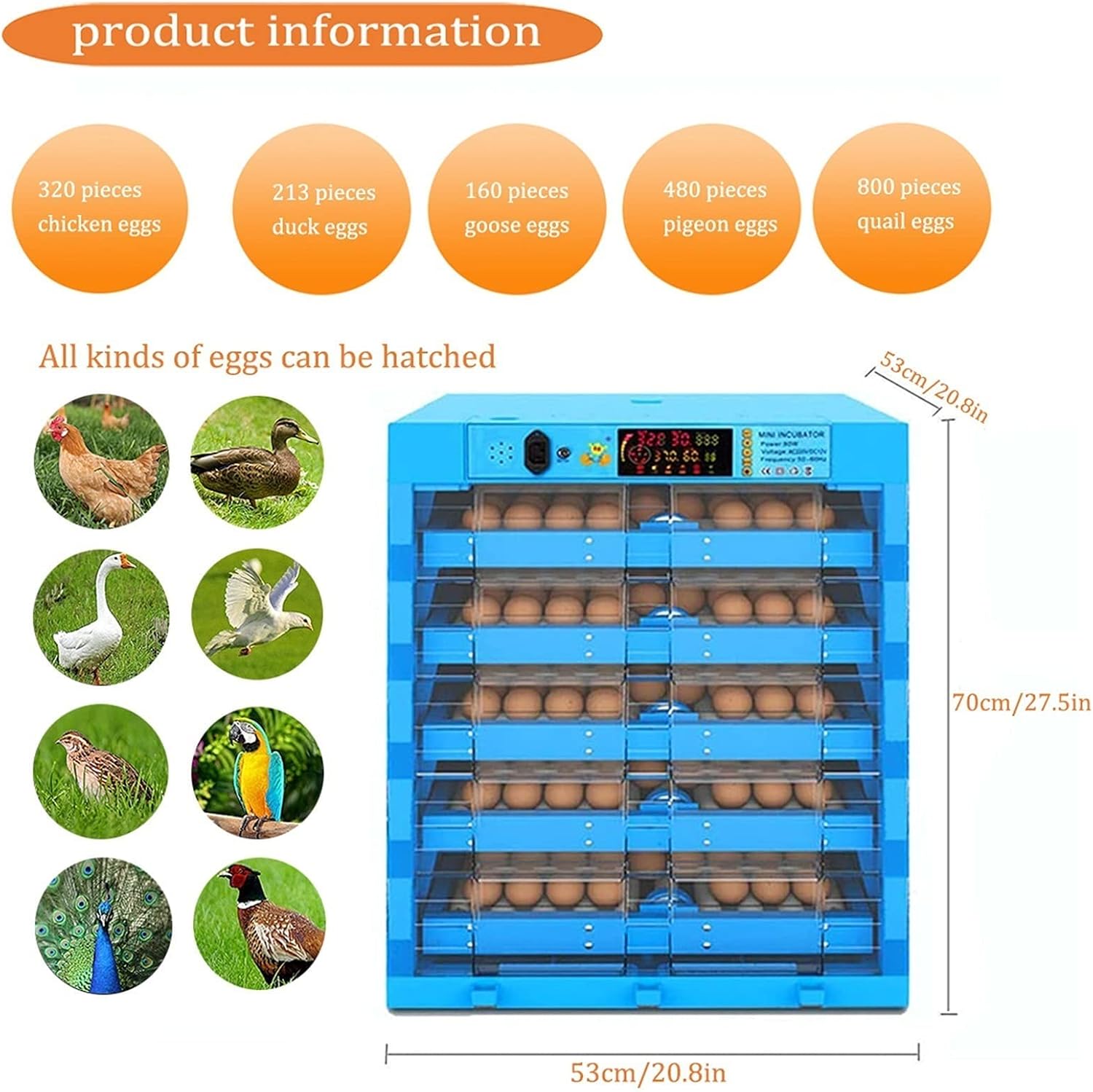 Egg Incubator Big Chicken Incubators for Hatching Eggs Digital Hatcher 320 Egg with Automatic Turner LED Temperature Control Farm Duck Goose Quail Birds Poultry Use