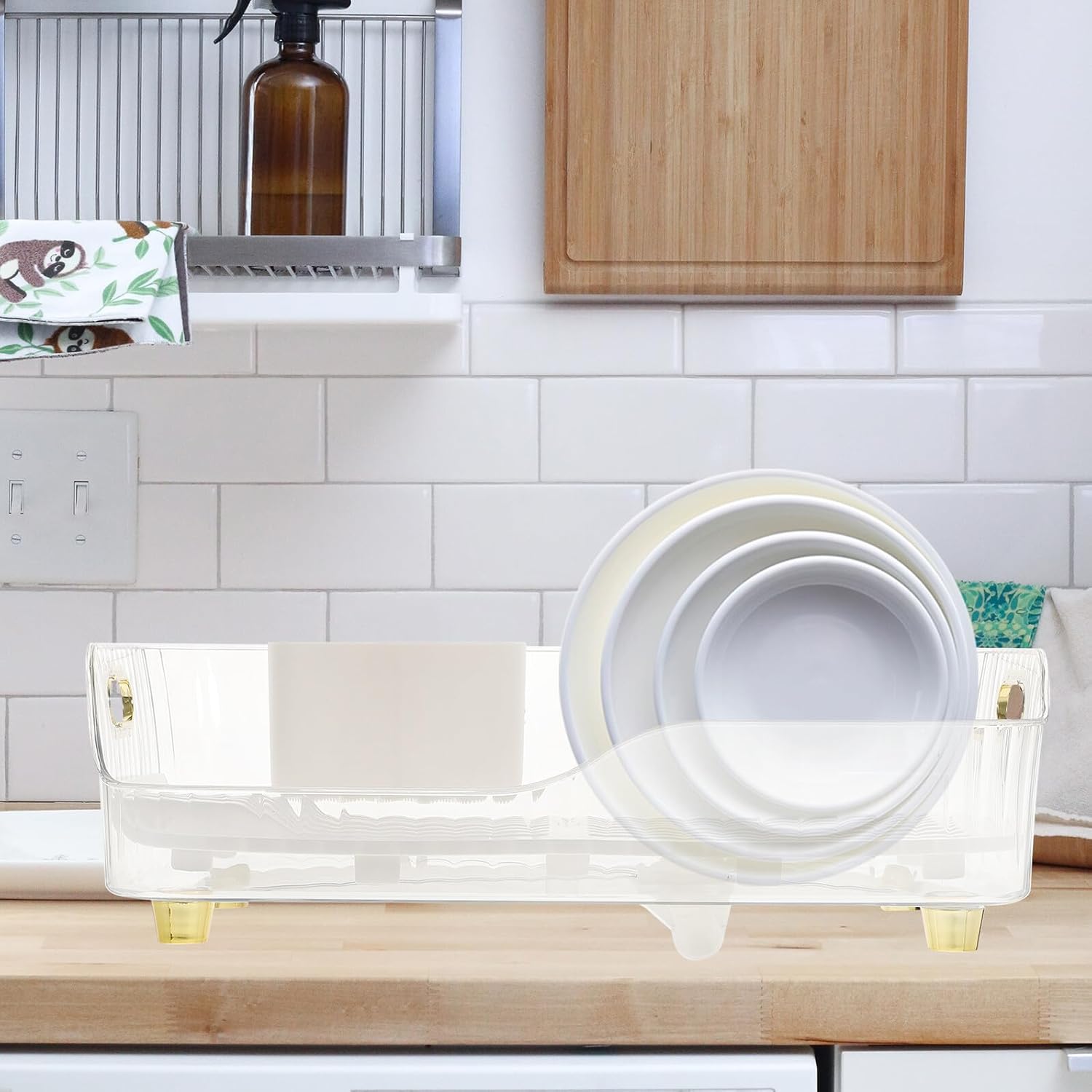 Kitchen Dish Drying Rack Plastic Tableware Drainer with Cutlery Holder for Sink Use, Dish Rack and Vegetable Fruit Basket Organizer