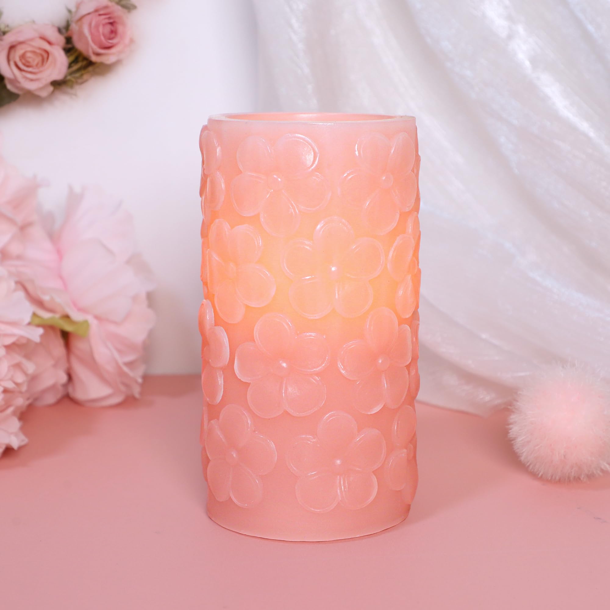Pink Flower Flameless Candle with 6H Timer, Pink Flower Carving Craftsmanship LED Battery Operated Candle, Modern Home Christmas Party Valentine's Day Decor
