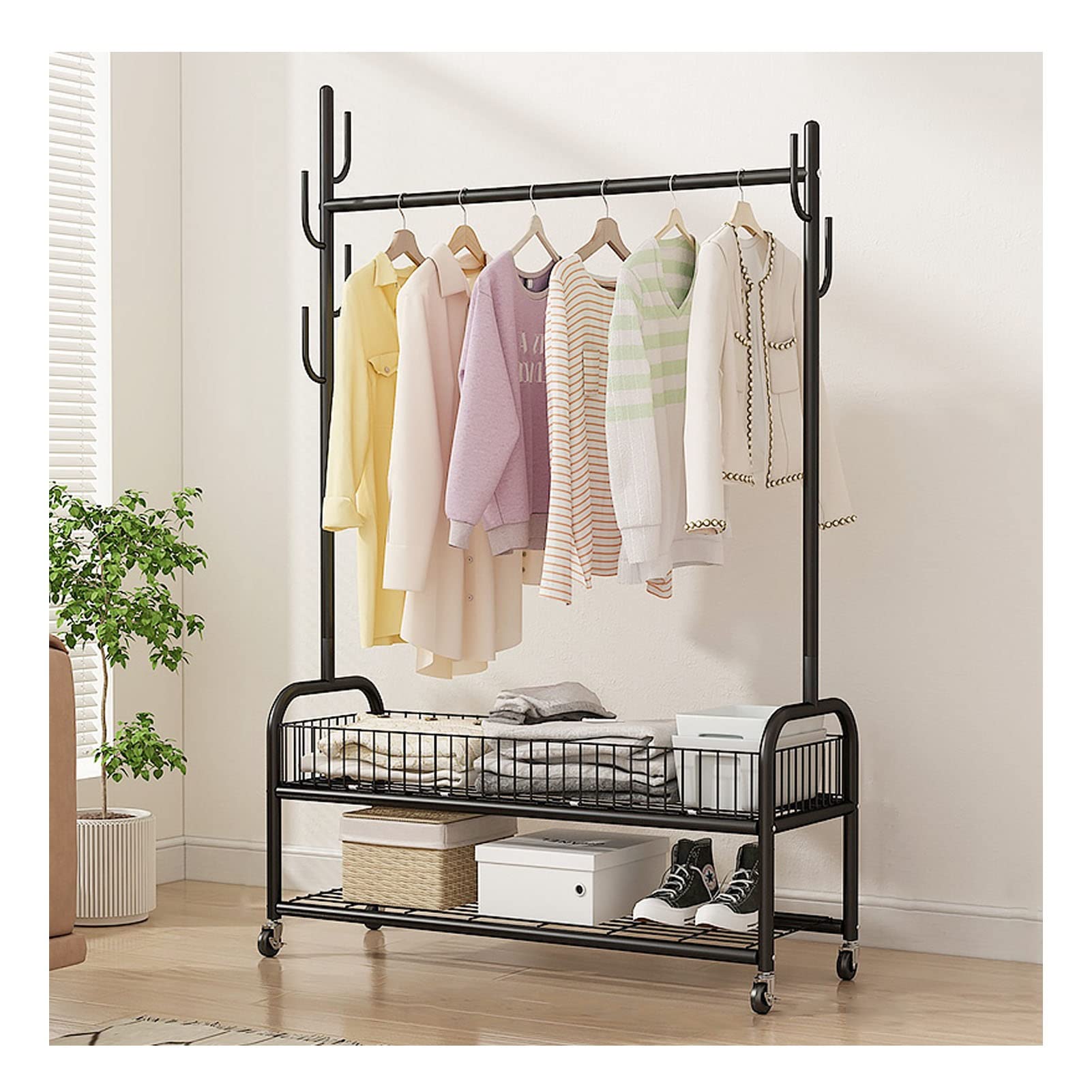 YNBSHGAA Heavy Duty Metal Garment Rack - Portable 2-Tier Coat Rack with Hooks & Storage Shelves - Stylish Hall Tree for Bedroom & Entryway nization,Black-100cm