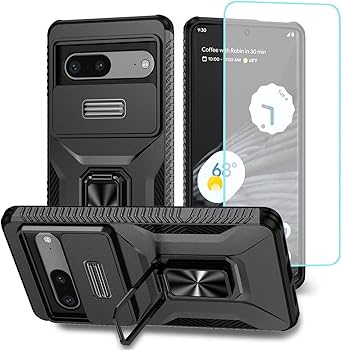 Case for Pixel 7 Case, Google 7 GQML3 Case with Tempered Glass Screen Protector and Slide Camera Cover, Rotated Ring Car Mount Holder Shockproof Cover for Google Pixel 7 Black