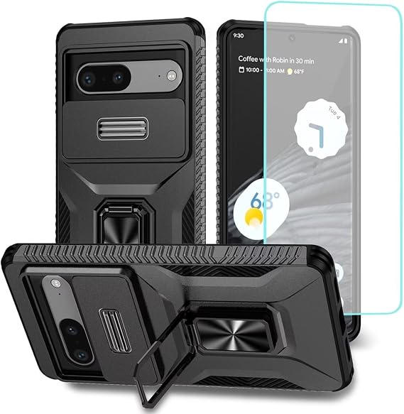 Case for Pixel 7 Case, Google 7 GQML3 Case with Tempered Glass Screen Protector and Slide Camera Cover, Rotated Ring Car Mount Holder Shockproof Cover for Google Pixel 7 Black