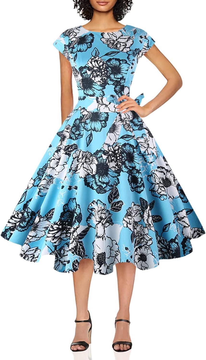 PUKAVT Women's 1950 Boatneck Cap Sleeve Vintage Swing Cocktail Party Dress with Pockets