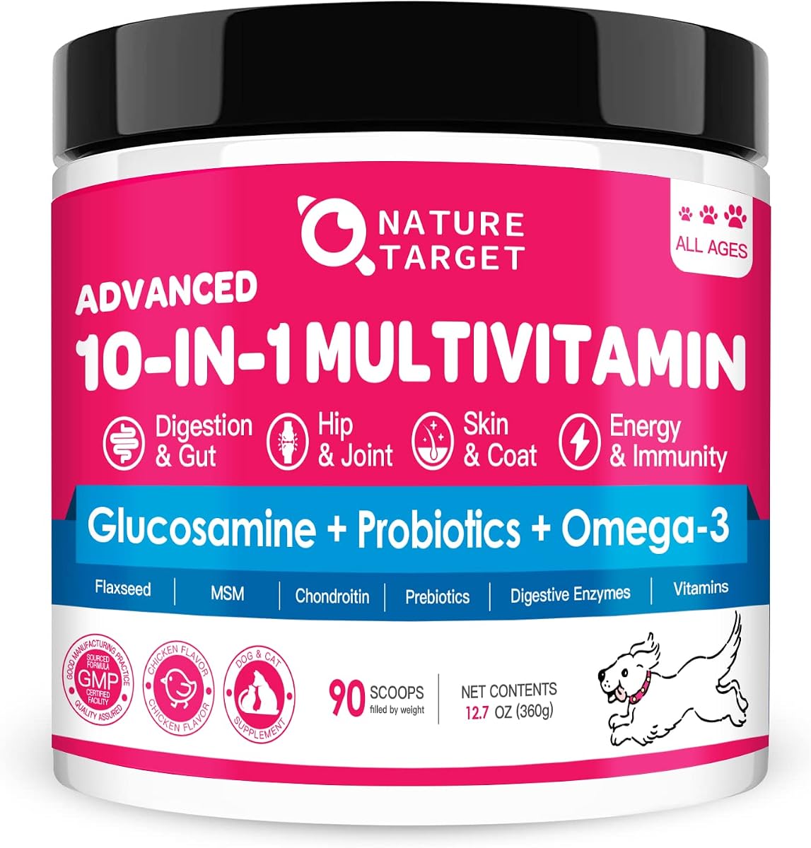 NATURE TARGET Dog Vitamins Powder, Probiotics & Digestive Enzymes for Gut Health, Glucosamine & Chondroitin & Omega 3, Complete Supplement for Homemade Dog Food, Joint & Skin & Immune Support | Probiotics & Digestive Enzymes for Gut Health, Glucosamine & Chondroitin & Omega 3, Complete Supplement for Homemade Dog Food