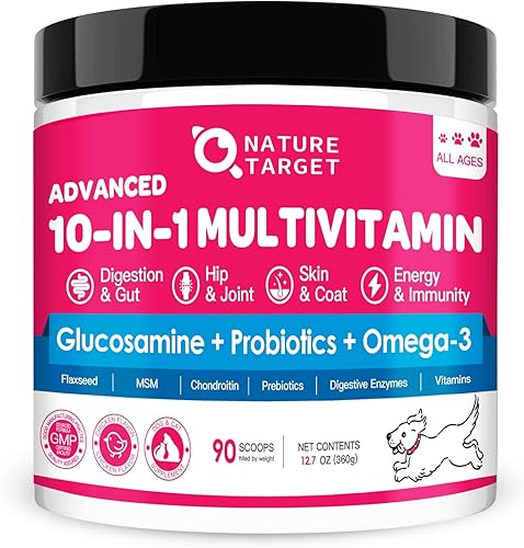 NATURE TARGET Vitaminas en polvo para perros, probióticos y enzimas digestivas para la salud intestinal, glucosamina, condroitina y omega 3,