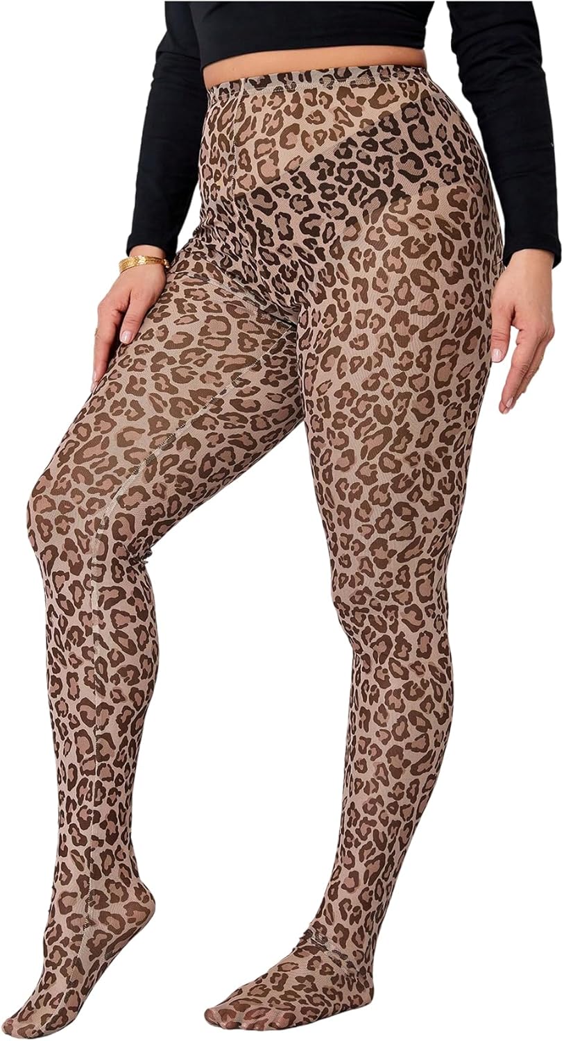 WDIRARA Women's Plus Size Mesh Leopard Print Leggings High Waisted Sheer Skinny Pants