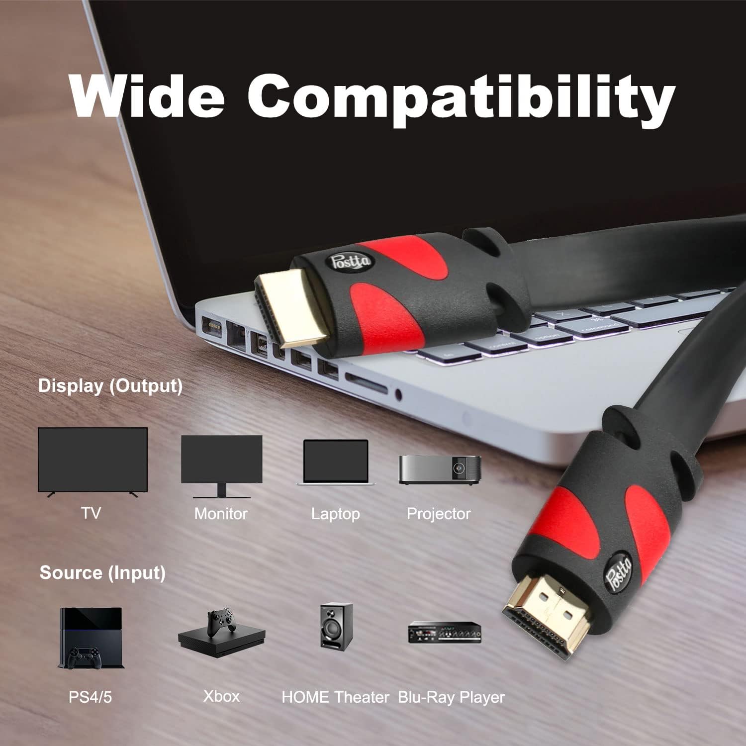 Postta Flat HDMI Cable(50 Feet) Flat HDMI 2.0 Cord Support 4K,3D, 2160p, 1080p, Ethernet and Audio Return-Black-Red