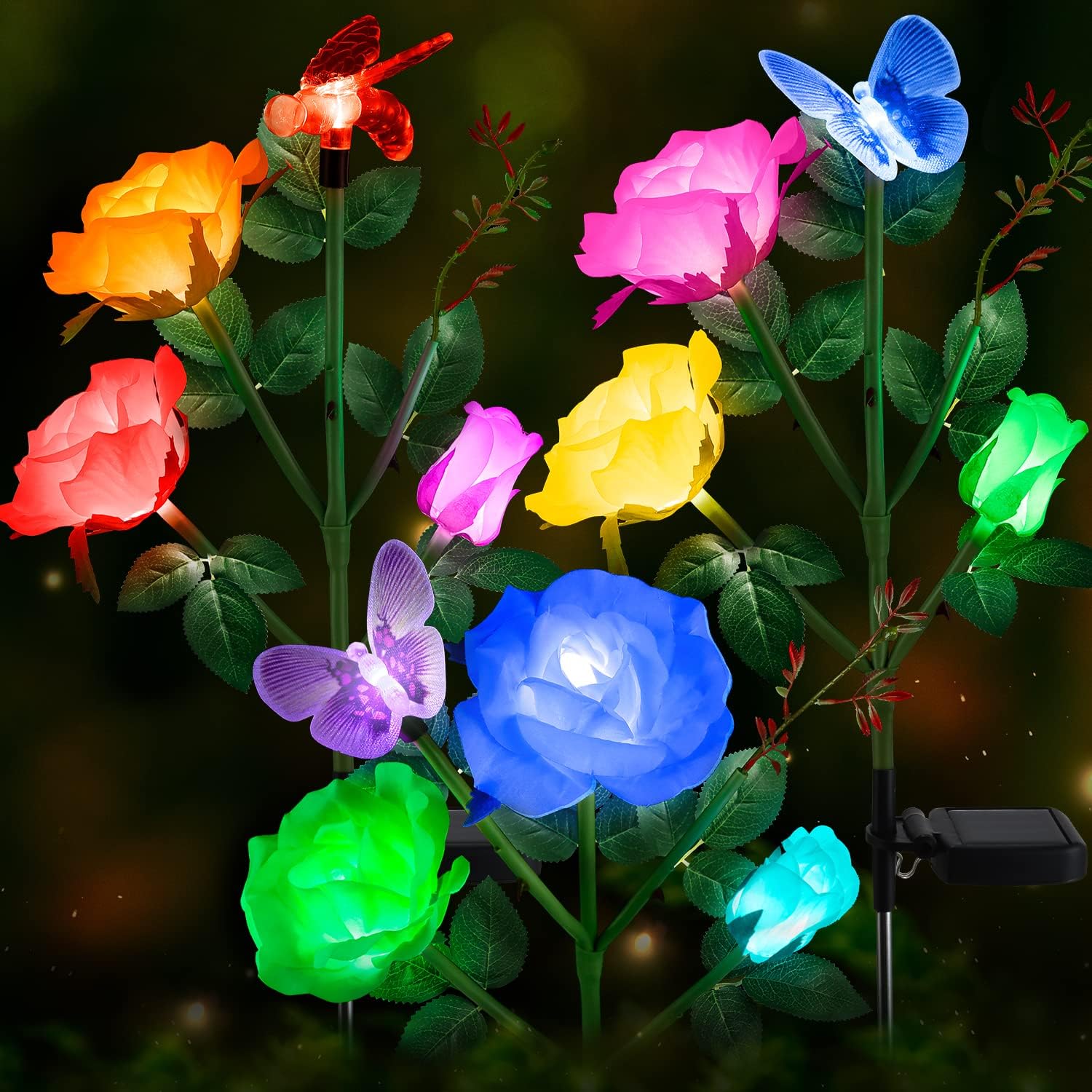 OxyLED Solar Garden Lights: 3 Pack Color Changing LED Stake Lights with 9 Rose Flowers & Butterfly Solar Powered, Waterproof Solar Outdoor Landscape Lighting for Patio Yard Pathway Walkway Camping