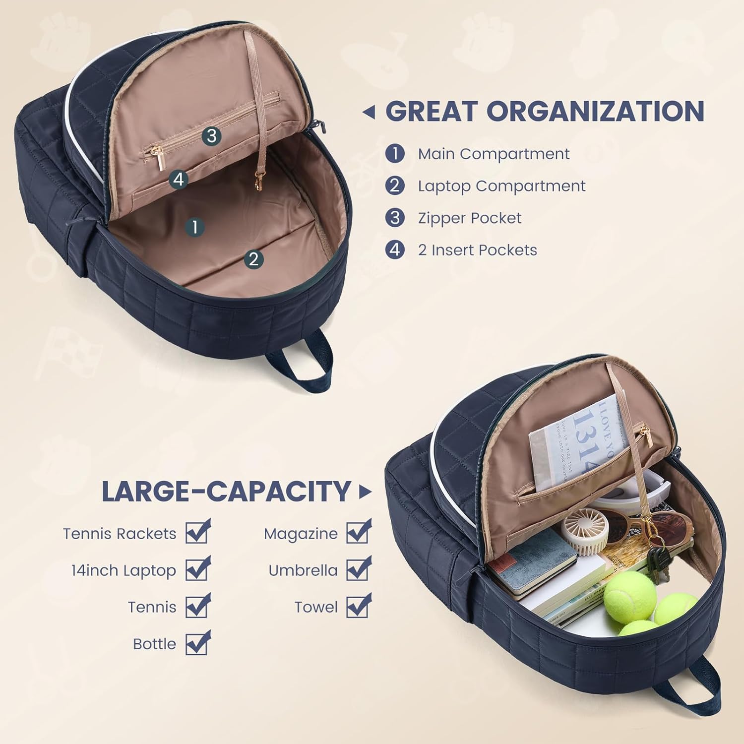Sucipi Tennis Bags for Women, Quilted Tennis Racket Bag Backpack for Tennis Racquet, Pickleball Paddles, Badminton