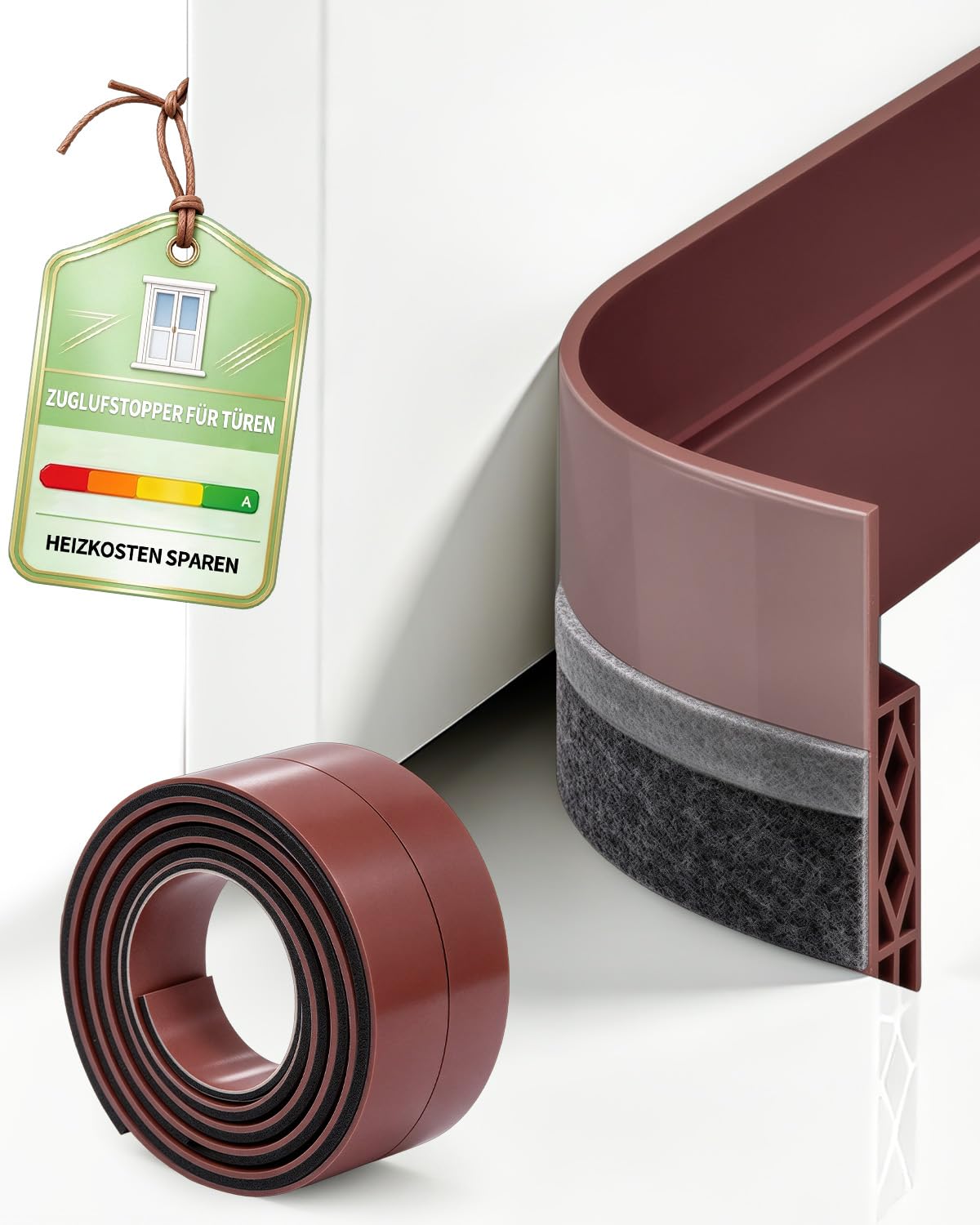 Türdichtung Unten Zugluftstopper für Türen Dichtung Haustür | Selbstklebend Türbodendichtung 100cm Door Seal Tür Kälteschutz Abdichtung, Minimalistisches Braun