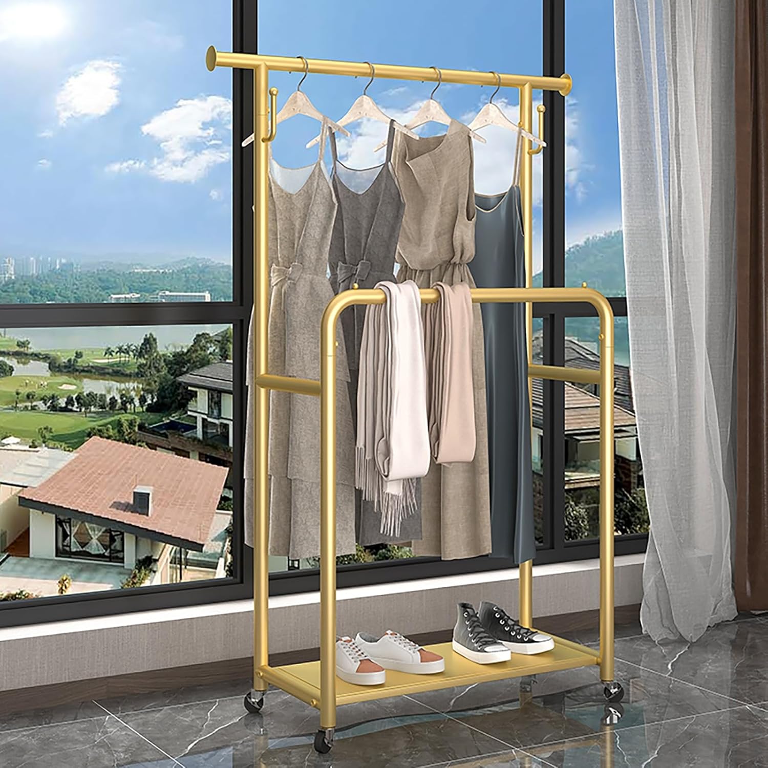 頑丈なダブルロッド洋服ラック、キャスター付き、ポータブルメタルガーメント、丈夫なゴールドコートを掛ける、寝室用、120cm (47.