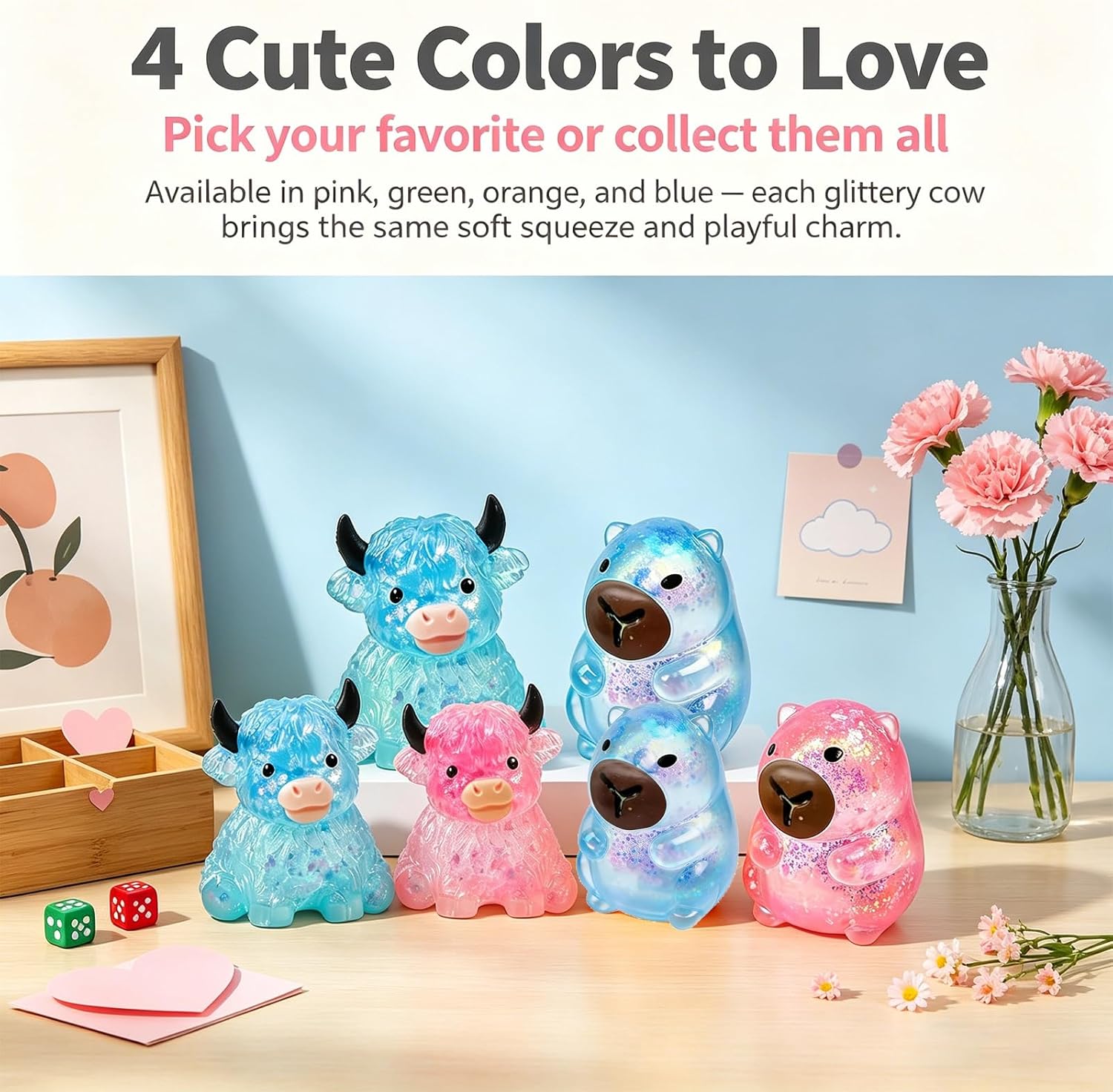 Glitter Highland Cow & Capybara Squishy, Squishies Fidget Toy, Soft Slow Rising Stress Relief Ball, Cute Sensory Squeeze Toy, Anxiety Relief Desk Decor for Adults Kids Cow & Capybara Lovers(4PCS Mix)