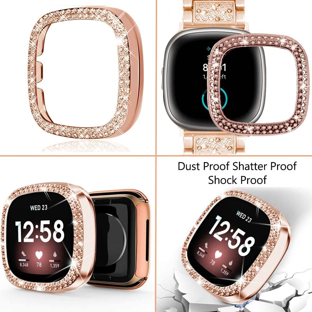 Compatible with Fitbit Versa 4/Sense 2 with Case Women, Jewelry Replacement Metal Wristband Strap with Bling PC Protective Cover for Fitbit Versa 3/Sense (Fitbit Versa 4/Sense 2, Rose Gold) - Image 4