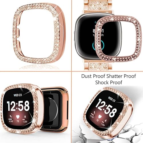 Vista 32 de Correa brillante y funda compatible con Fitbit Versa 4/Fitbit Sense 2 para mujer, pulsera de metal de acero inoxidable de repuesto para Fibit Sense