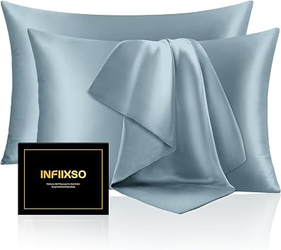 INFIIXSO Silk Pillow Cases 2 Pack, Standard Size, Hidden Zipper, Airy Blue | Ultra Smooth & Soft Silk Pillowcase for Hair & Skin, Cooling Pillow Cover for Hot Sleepers, Gifts for Women & Men, 20"x26"
