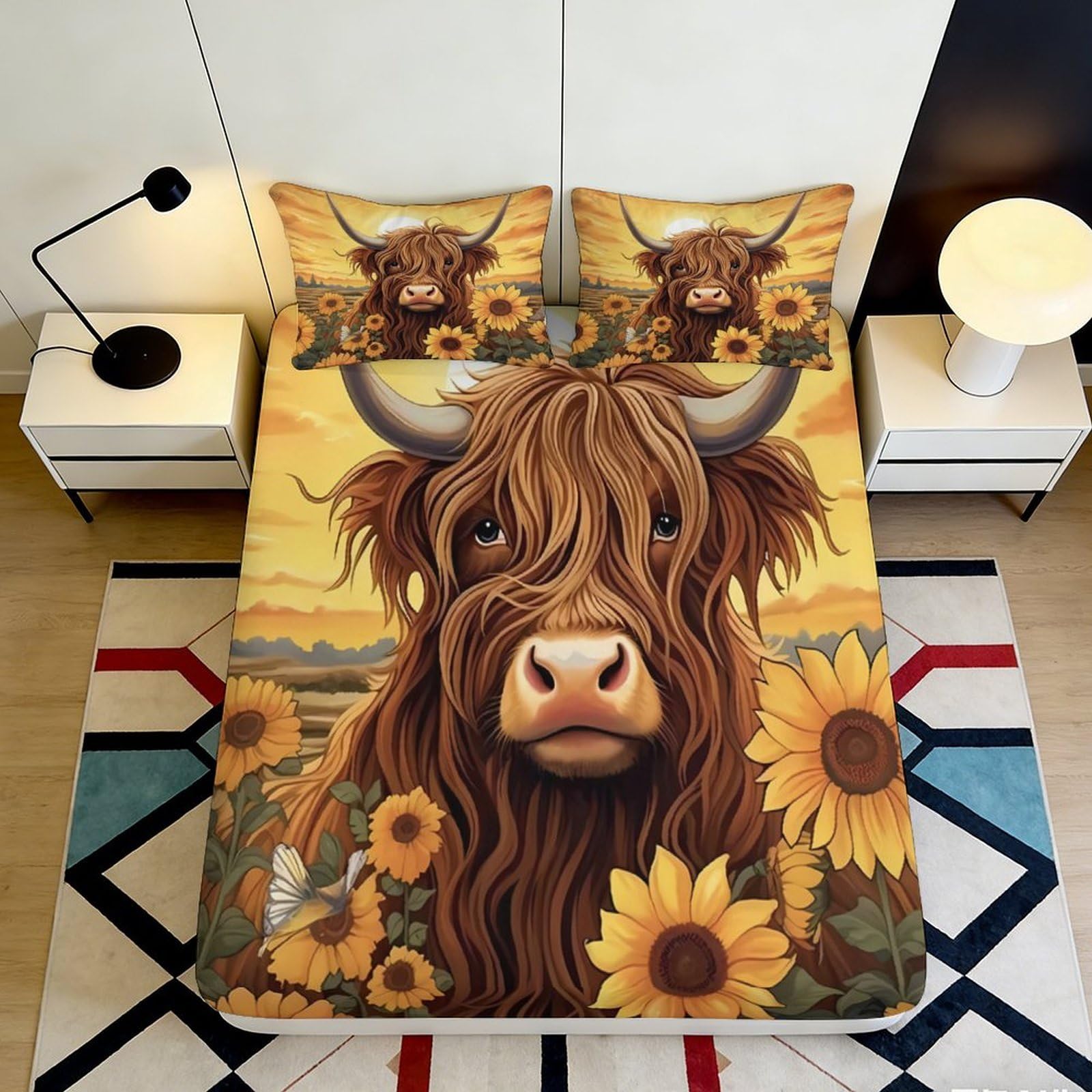 3D Printed Highland Cow Fitted Sheet Microfiber Soft Durable Sunflower Bed Cover for Bedroom Dormitory Guest Room Mattress Protection Home Decor 120x200x25cm