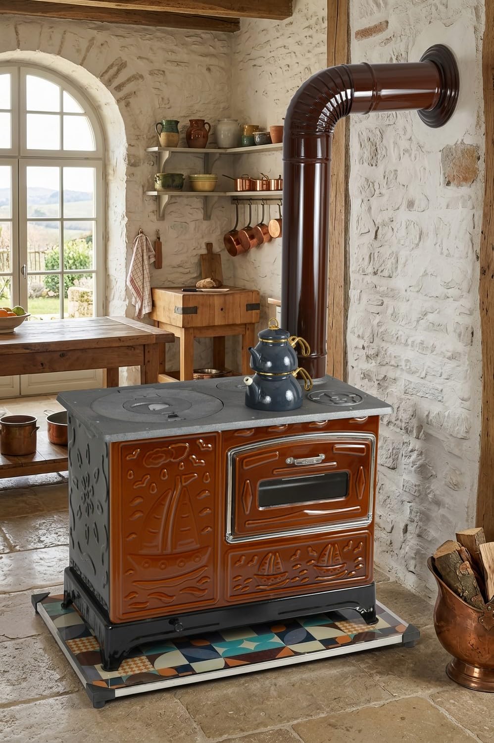 Estufa de leña con horno grande, placa de hierro fundido y cuerpo esmaltado, calefacción y cocina interior y exterior con accesorios – LPP ZIBAR
