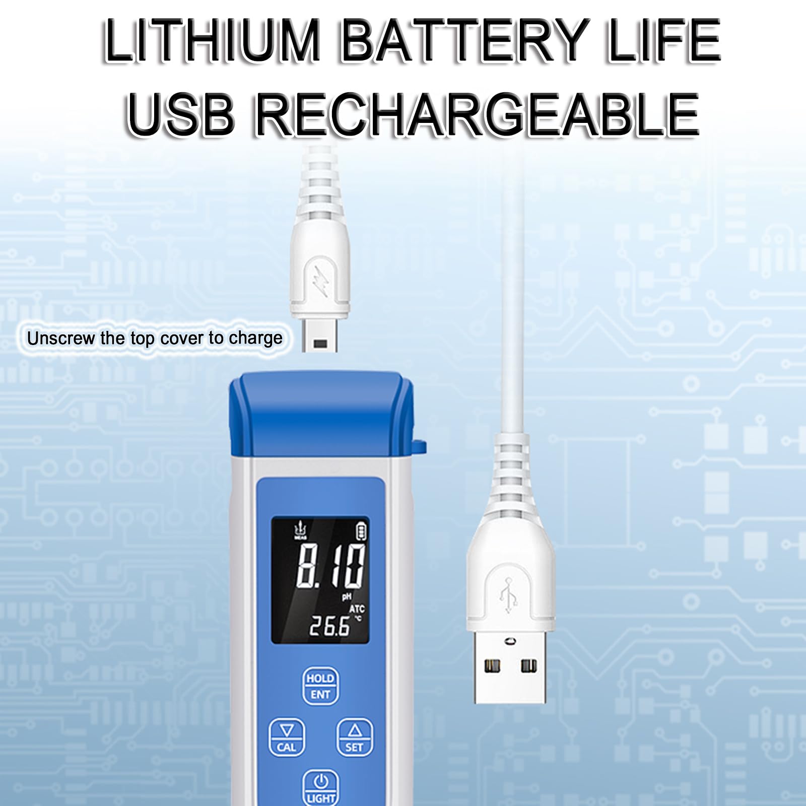 Medidor Digital De PH Tipo Bolígrafo, Recargable por USB, Precisión De 0.01, con Cambio De Unidades ATC/°C/°F. Calibración Estándar Configurable En Un Solo Punto O En Varios Puntos