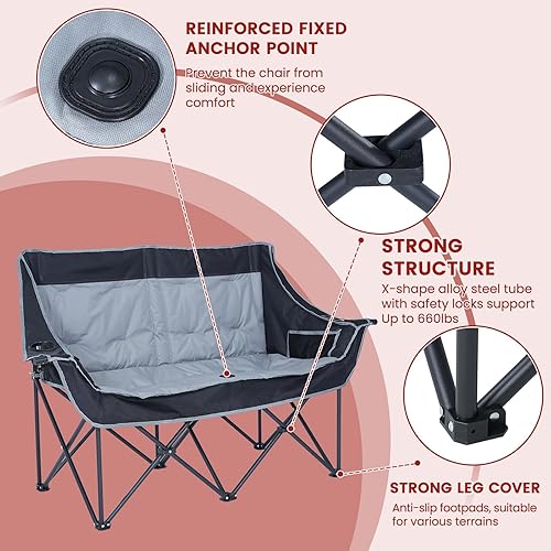 Miniatura 7 de DoCred Silla de campamento doble con calefacción, sillas de camping plegables con calefacción, sofá biplaza para deportes al aire libre, sillas de