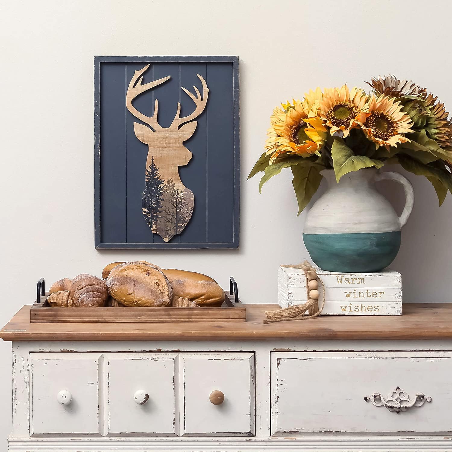 NIKKY HOME Cabin Wall Decor, Decorative Deer Wood Framed Forest Mountain Woodland Wildlife Lodge Elk Animal Picture Art Print Bathroom Decor, 12 x 16 Inches