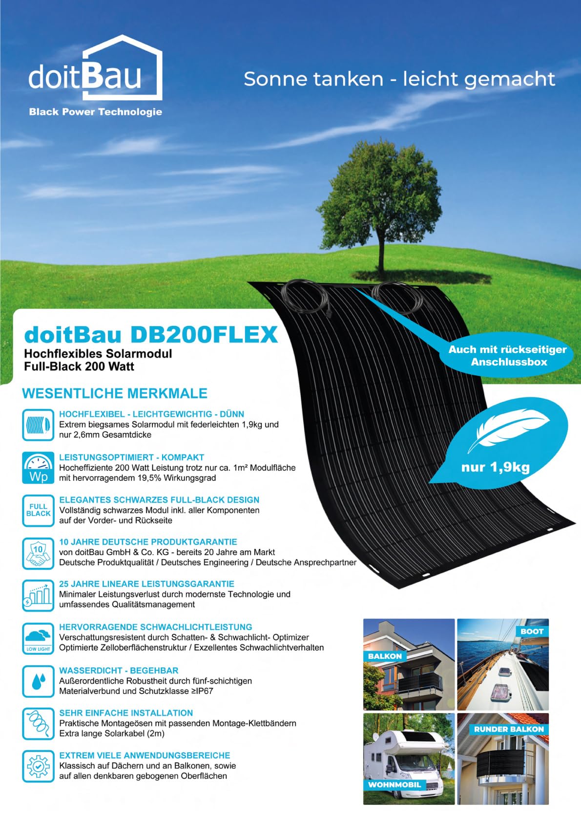 doitBau - Flexibles Solarpanel 200 Watt Full-Black mit Befestigung DB200FLEX I Anschlussbox vorne I Solarmodule für Balkonkraftwerk, Camping, Boot I Mit 19,5% Wirkungsgrad I Solarmodul begehbar