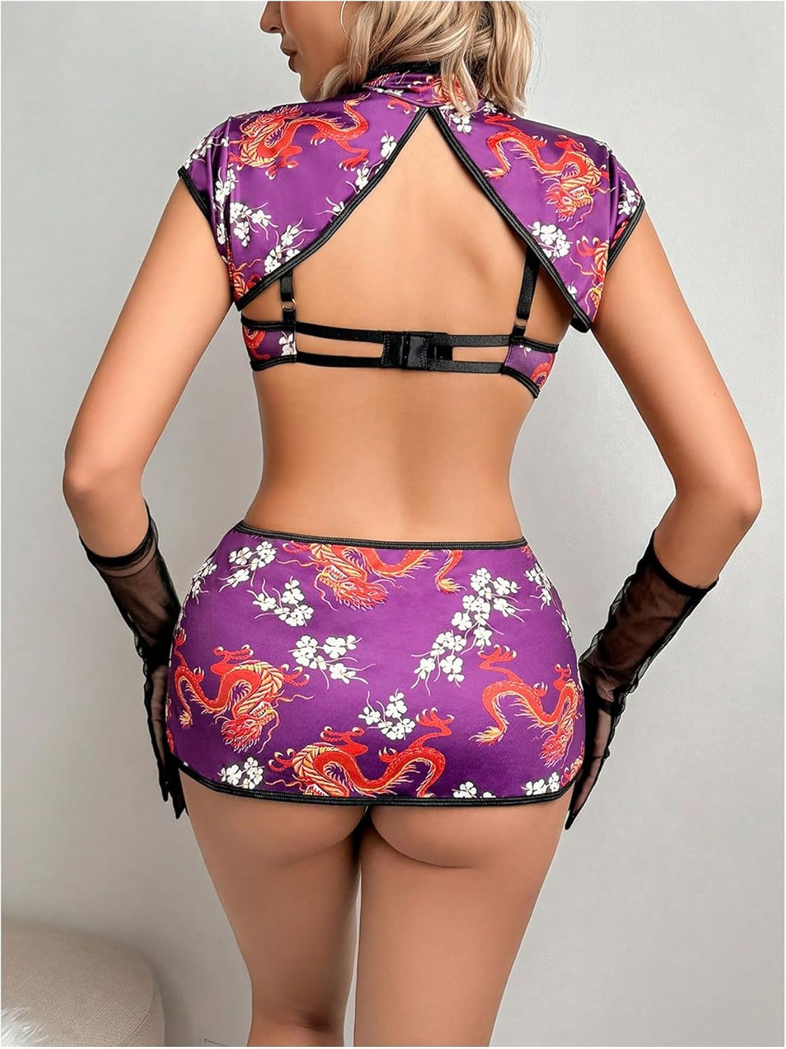 Women's 4 Piece Lingerie Sets Dragon Graphic Mandarin Collar Underwire Bra and Panty Costume Sets - Image 2