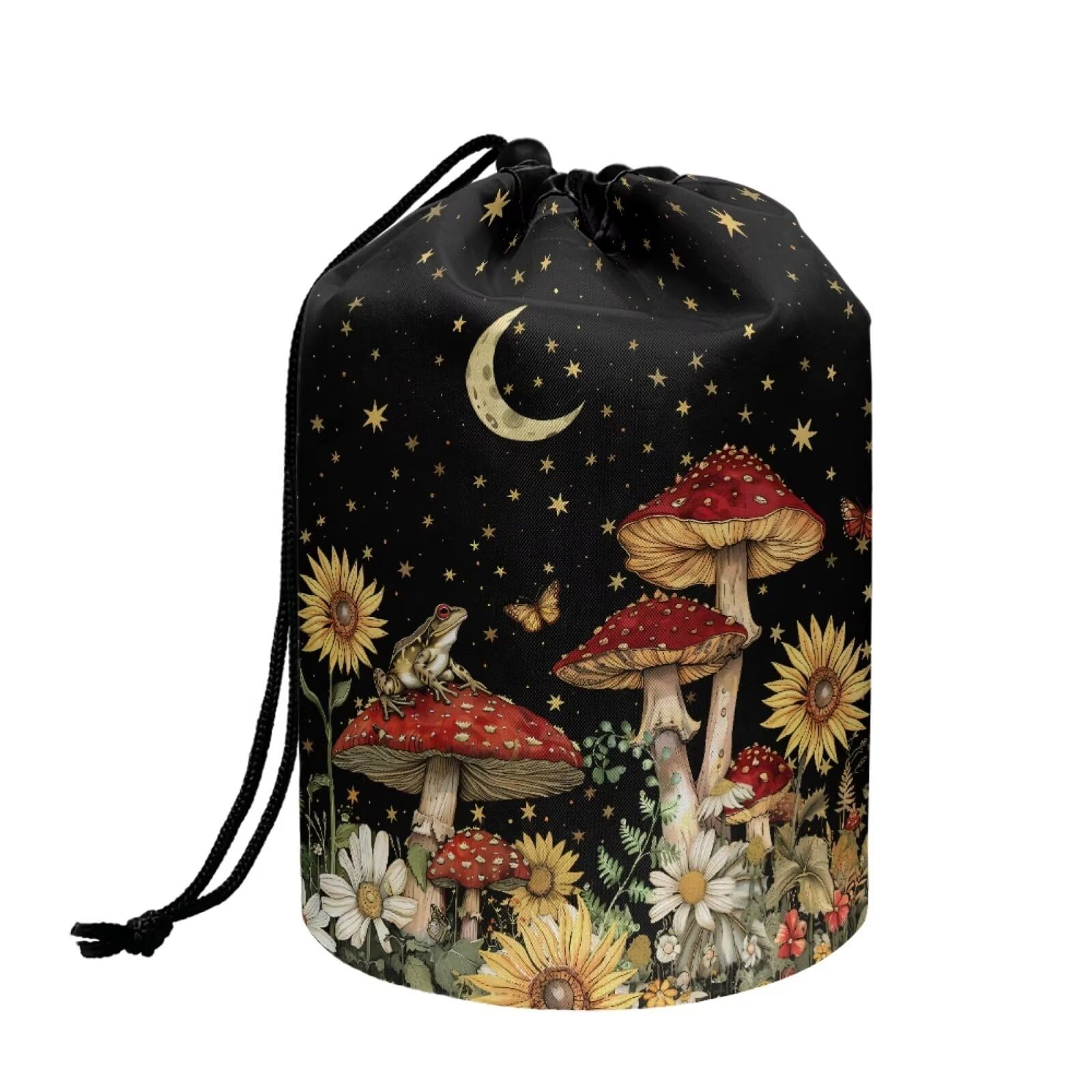 chaqlin Mushroom Sunflower Travel Cosmetic Bags Barrel Makeup Bag,Women Girls Portable Foldable Cases Multifunctional Toiletry Bucket Bags Round Organizer Storage Pocket