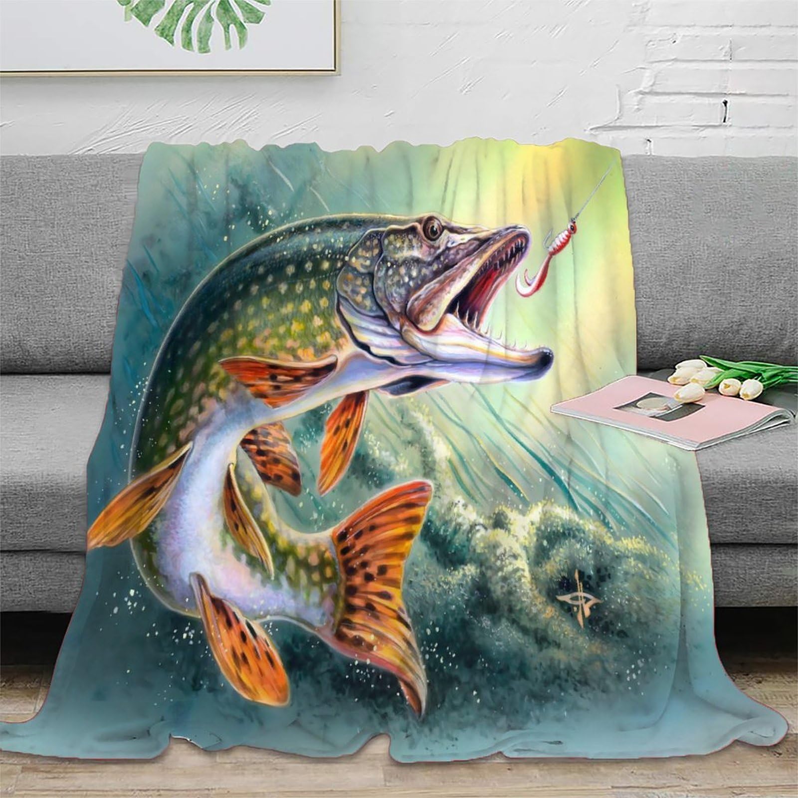 Couverture brochet 3D en microfibre toutes saisons plaid chaud lavable pour lit et canapé