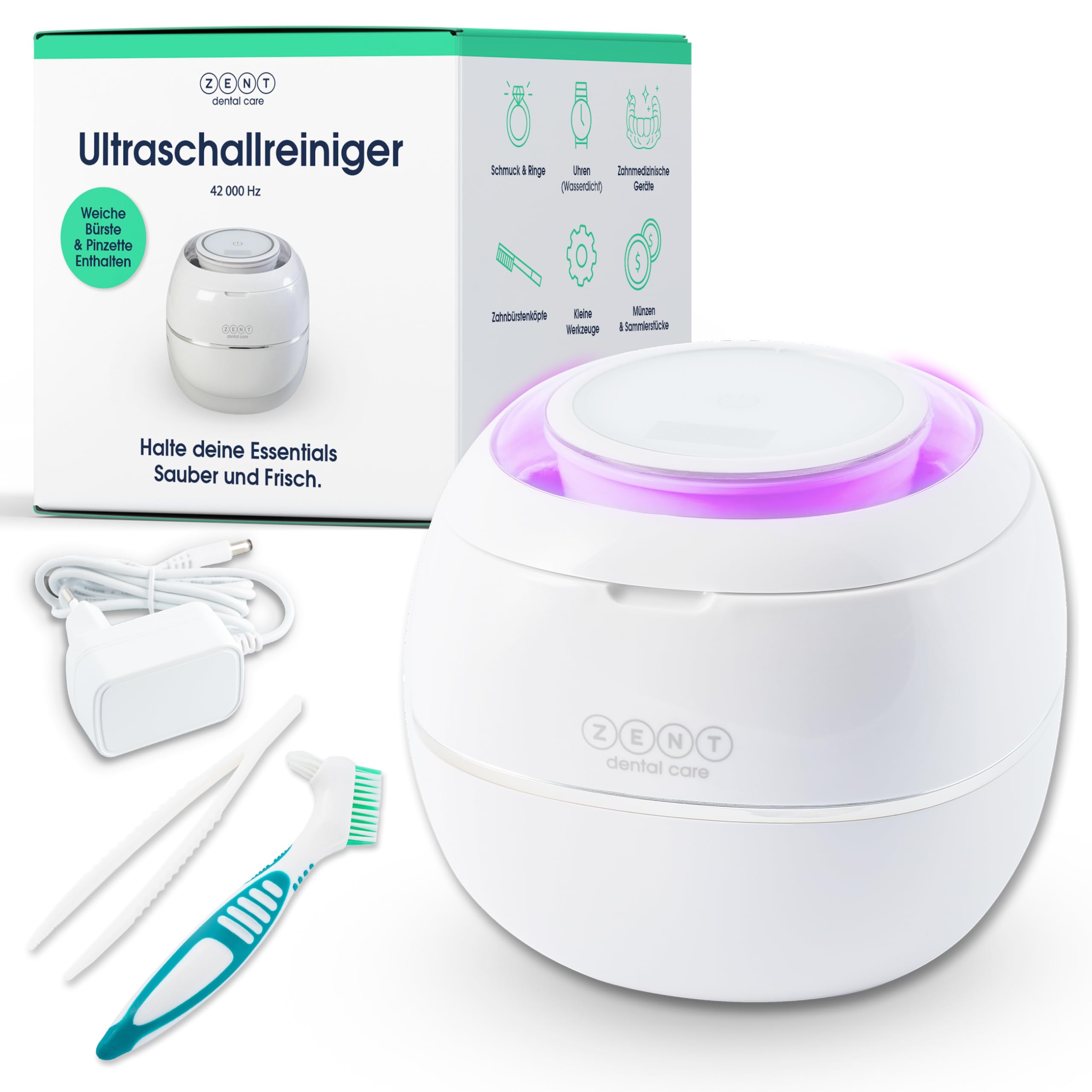 ZENT Ultrasonic Cleaner Ultraschallreinigungsgerät für Zahnschiene Zahnprothesen Schmuck | Ultraschallreiniger 42 kHz, Schnelle Reinigung in 5 Minuten, Ultraschallbad, mit UV-Desinfektion, 0.2l