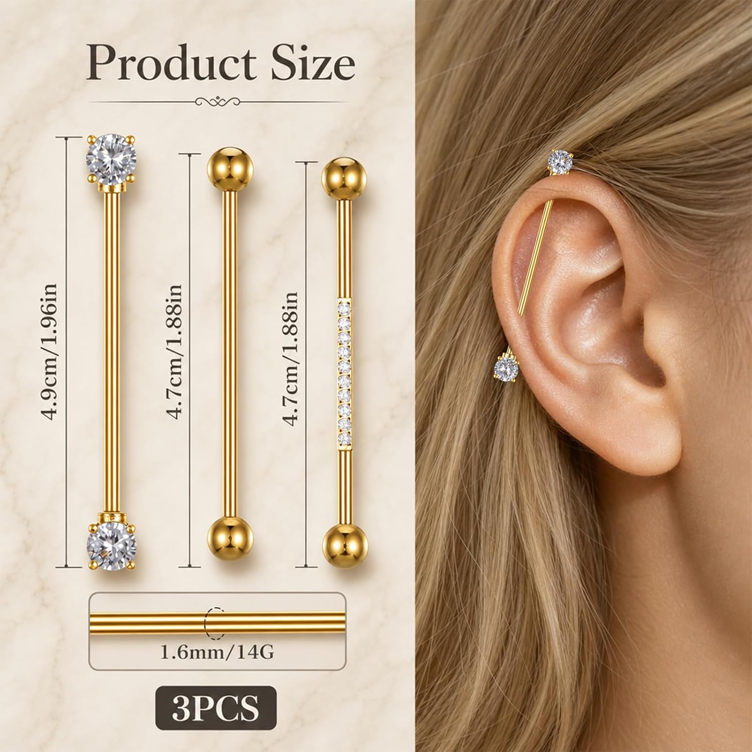 14G Industrial Piercing Jewelry 3pcs, Gold Surgical Steel Long Barbell for Cartilage Helix, Cubic Zirconia Industrial Bar, 2 Inches Piercing for Women Men, Punk Rock Style