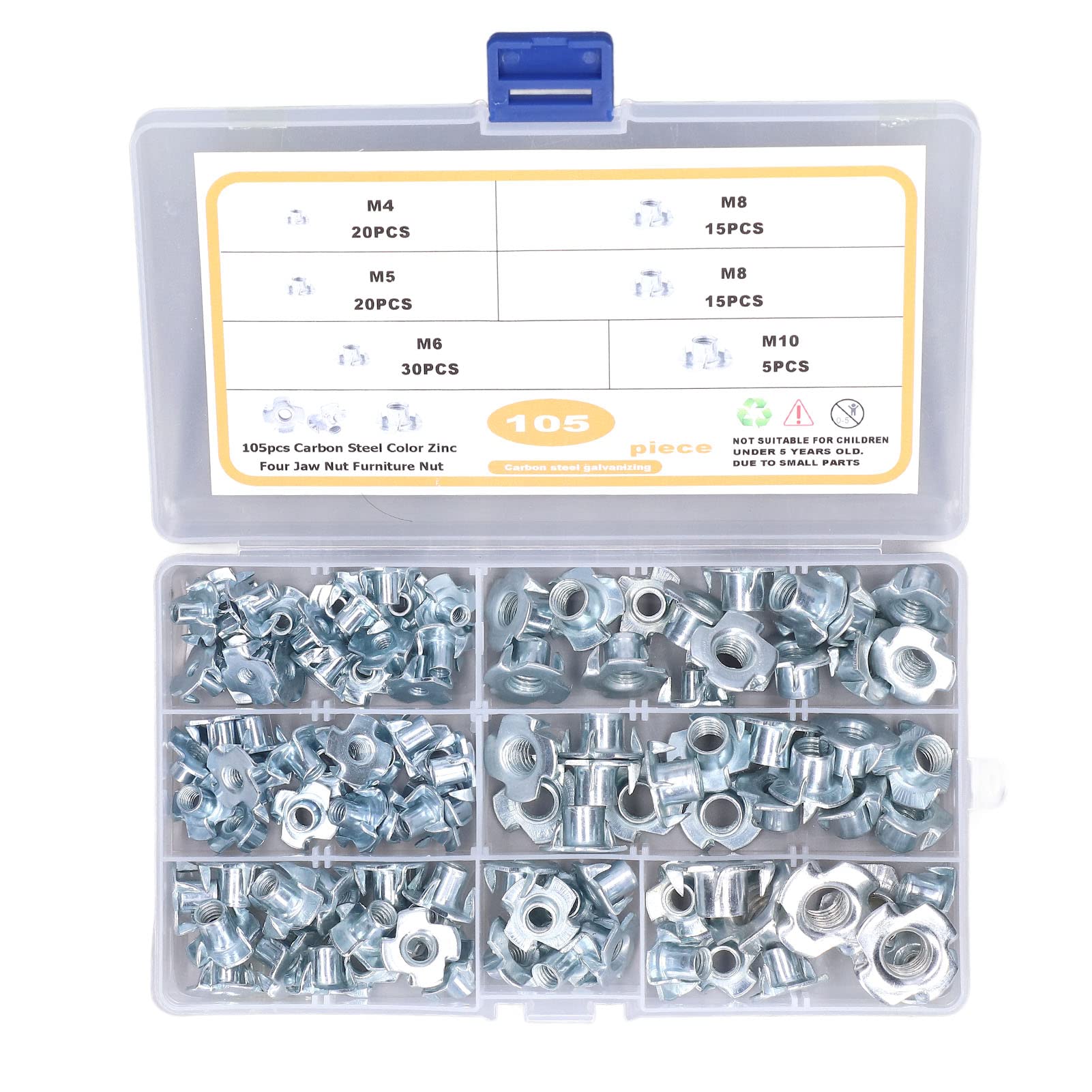 NIBEMINENT105Pcs T Nut Tee Nuts M4‑M10 Galvanized Carbon Steel Assortment Set Kit for Maintenance