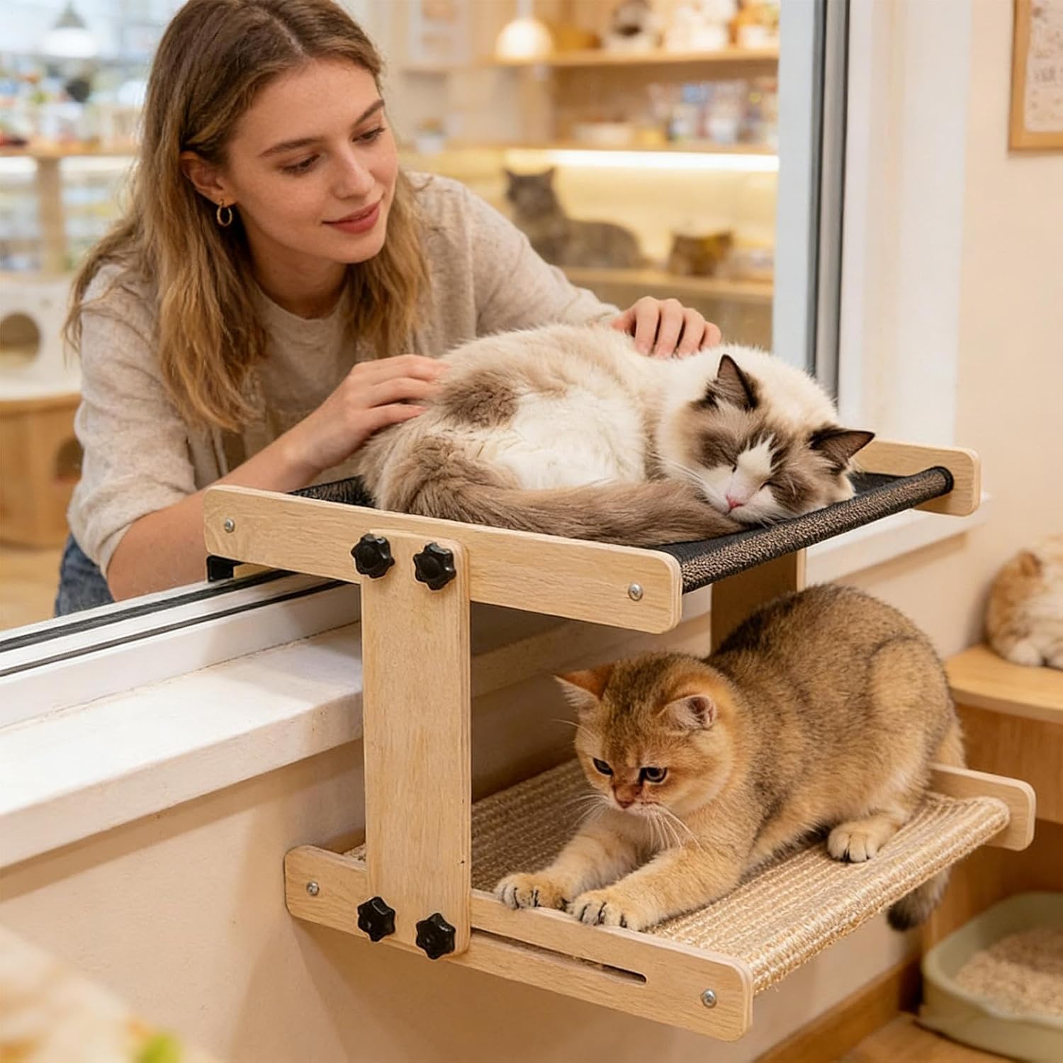 Window Perch Bed for Cats - Wooden Floating Hammock | Indoor Pet Resting Spot for Apartment Farmhouse Bedroom Windowsill Balcony Cabinet Double Or Single Layer Comfortable Relaxing