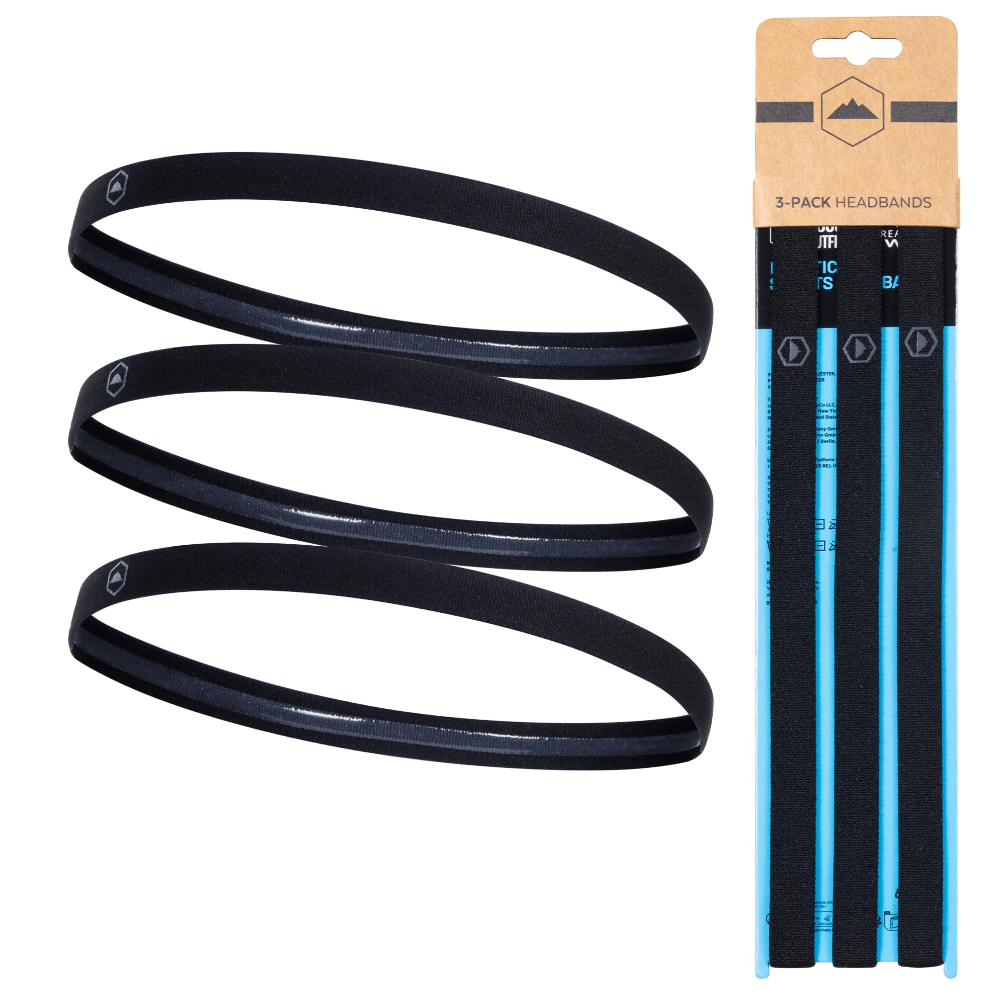 Tough Headwear Athletic Headband Set - Thin Headbands for Women - Elastic Sport Hair Bands Men - Skinny Sports Hairbands - Non Slip Athletic Head Bands for Sports - Black