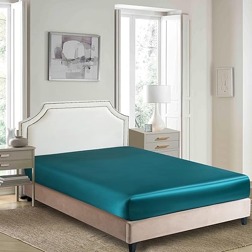 Miniatura 2 de Sábana bajera de satén, sábana bajera tamaño King, 1 pieza ultra suave con bolsillo profundo de seda, tamaño King, color verde azulado