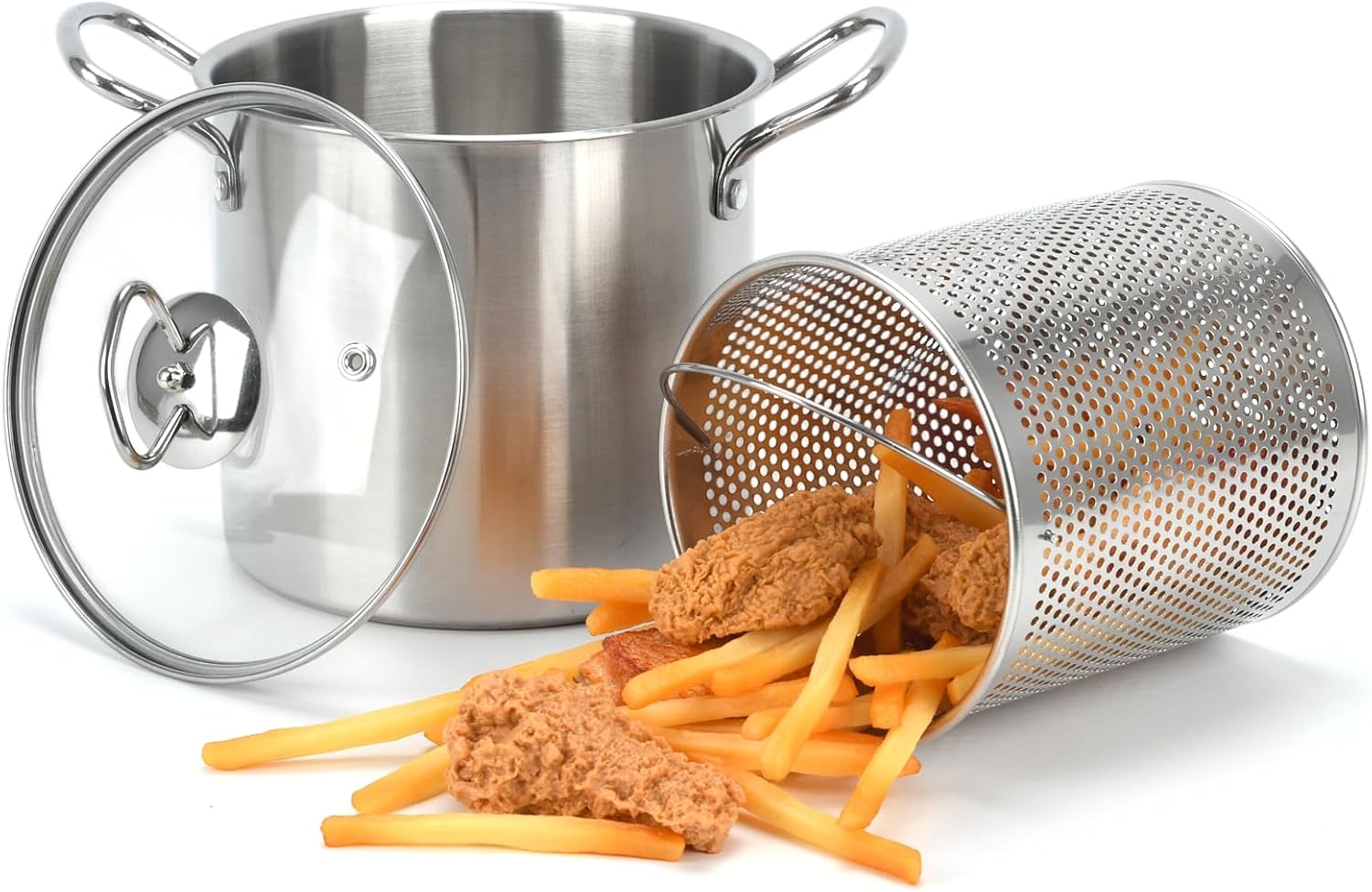 3.7Qt Deep Fryer Pot with Basket, Stainless Steel Frying Pot with Oil Strainer and Lid Kitchen Deep Fryer for Home, Frying, Cooking, Picnic (3.5L)