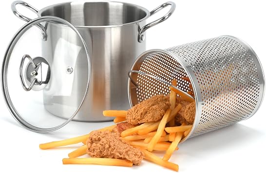 3.7Qt Deep Fryer Pot with Basket, Stainless Steel Frying Pot with Oil Strainer and Lid Kitchen Deep Fryer for Home, Frying, Cooking, Picnic 3.5L
