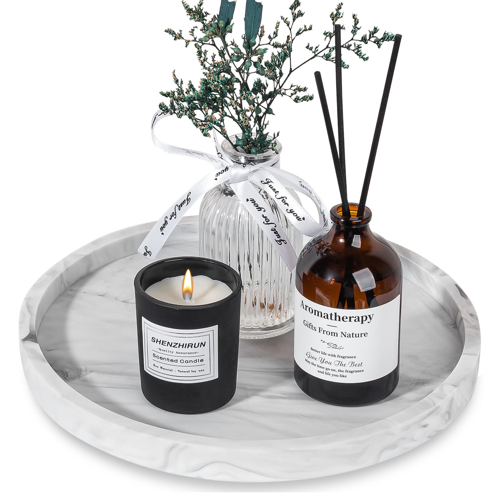 Silicone Bathroom Tray Round Vanity Tray Decorative Soap Holder Kitchen Countertop Organizer Coffee Table Decor for Candle, Perfume, Plant, 9 Inch, Marble Grey