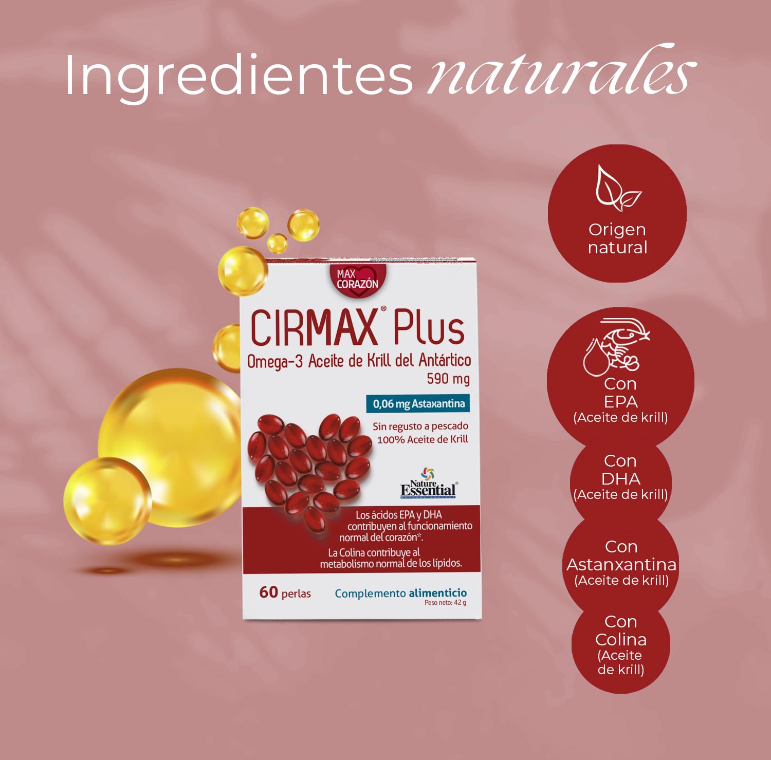 Nature Essential - Aceite de Krill del Antártico - 60 Cápsulas - 1 Mes - Rico en Omega 3 y Antioxidantes - Ayuda al Sistema Circulatorio - CIRMAX Plus