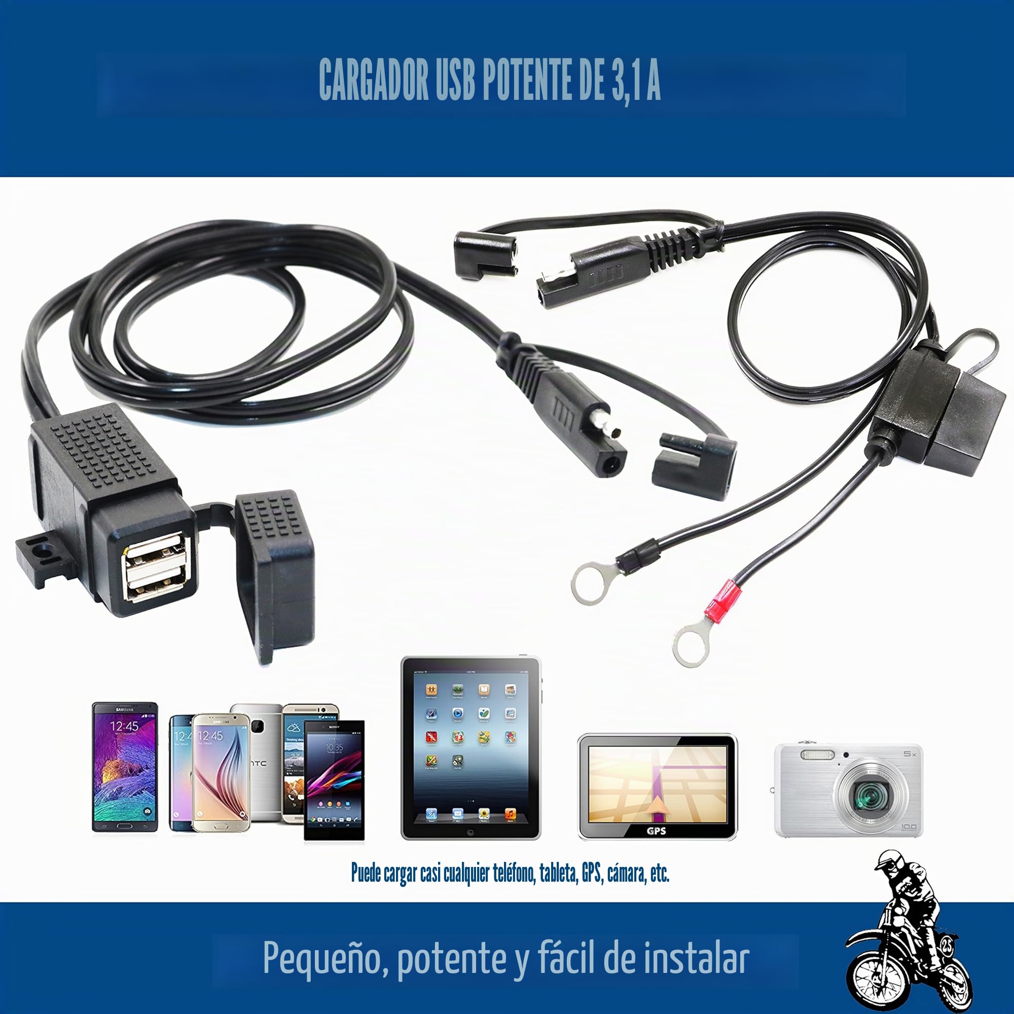 MOTOPOWER MP0609EA - Cargador Doble USB para Motocicleta (3,1 A, Impermeable, con arneses SAE)